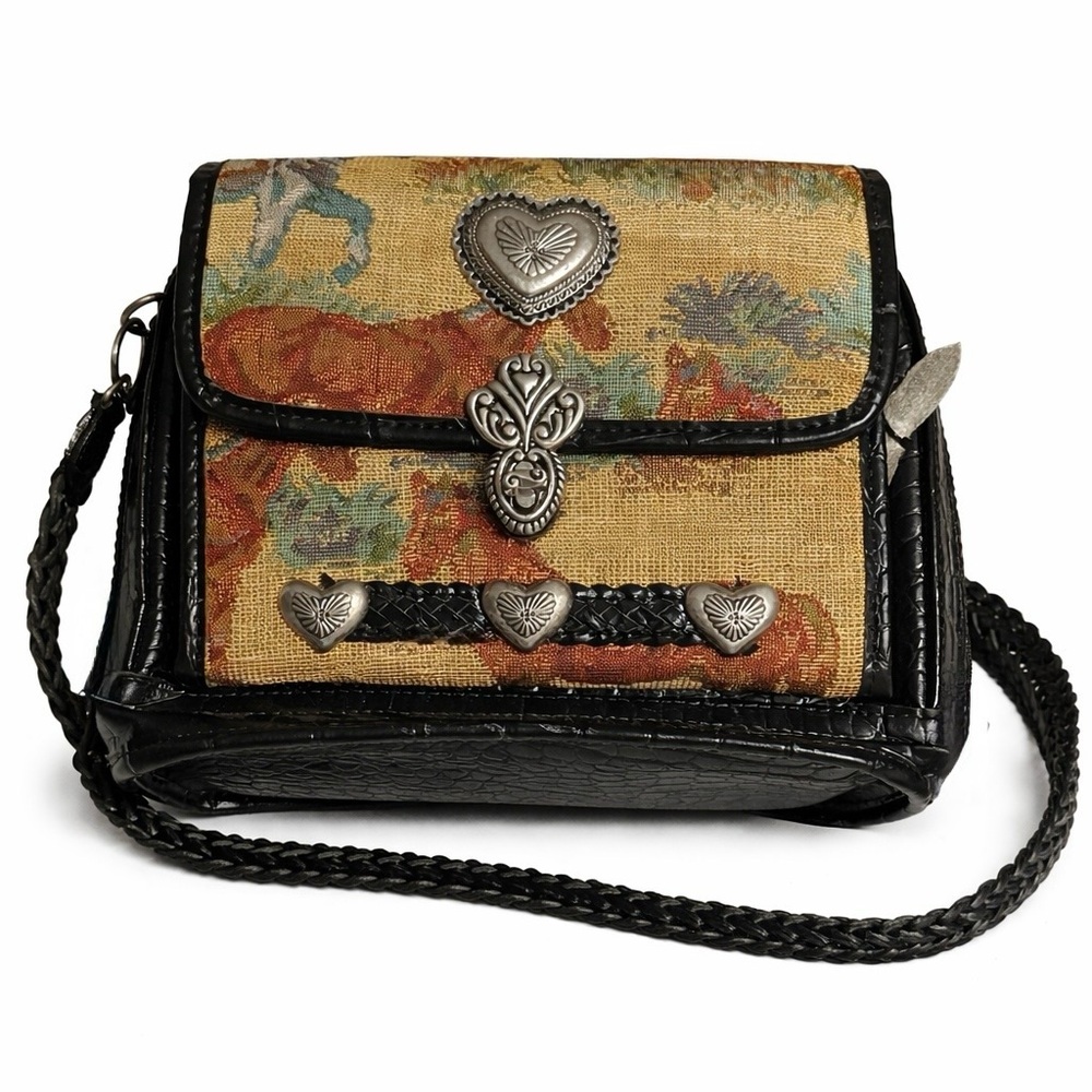 Y2K Horse Tapestry crossbody handbag- silver tone hearts hardware.